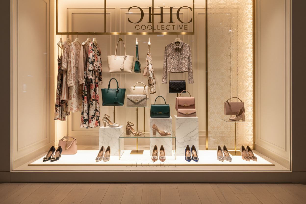 Une image pour une boutique qui vende des article de sacs pour femme  ; chaussure; habits ;